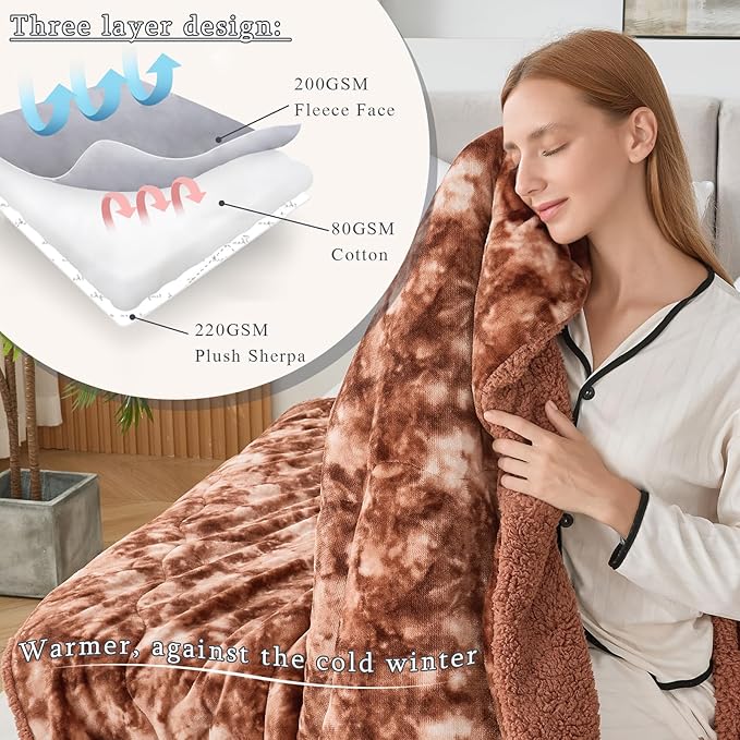 CHOSHOME Sherpa Fleece Blanket- Thick Warm Blanket for Winter, Soft Fuzzy Plush Blanket for Bed, Couch, Travel (Tie Dye Brown, Twin 60" x 80")