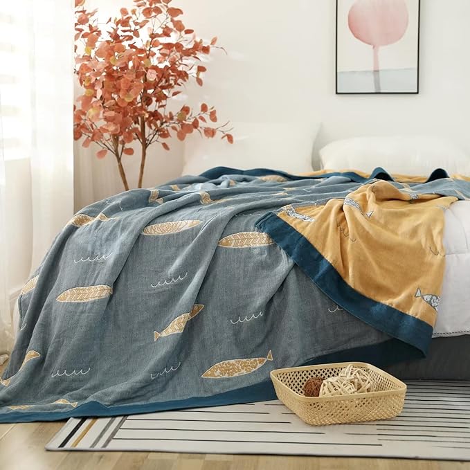 Boho Throw Blanket for Bed 100% Cotton Ultra Soft Rustic Quilt Spring Blanket Fish Farmhouse Decor Bed Blankets,80"x90" All Season Rustic Throw for Sofa Couch Chair