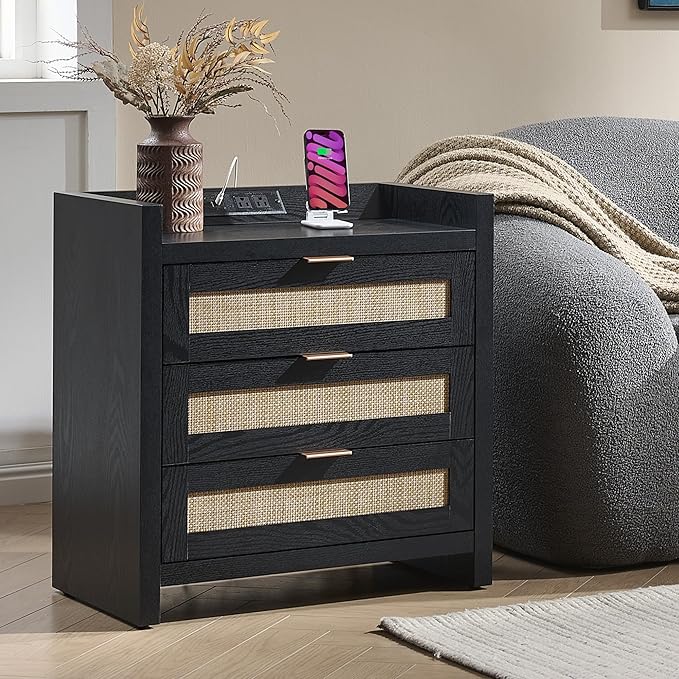 SICOTAS Rattan Nightstand Bedside Table - Larger Night Stand with Type-C Charging Station, 3 Drawers Storage - Boho Night Stands End Table for Bedroom - Black Oak
