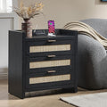 SICOTAS Rattan Nightstand Bedside Table - Larger Night Stand with Type-C Charging Station, 3 Drawers Storage - Boho Night Stands End Table for Bedroom - Black Oak
