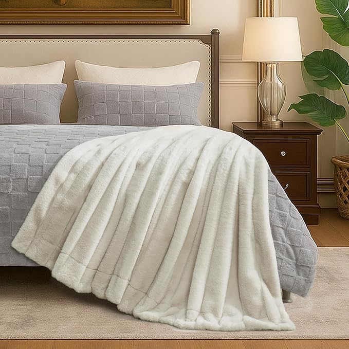 Cozy Bliss Deluxe Sheared Rabbit Faux Fur Throw Blanket, Soft Fuzzy High-Low Sculpted Plush Blanket for Couch, Cozy Home Accent, All Season Use, Beige 60"x80"