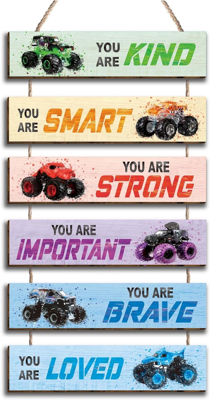6 Pcs Racing Car Decor Kids Room Decor, Racing Car Inspirational Positive Quotes Wall Art Decor Hanging Sign for Teens Bedroom, Works of Art Made of Wood, Works of Art of Wood, Placards of Woods