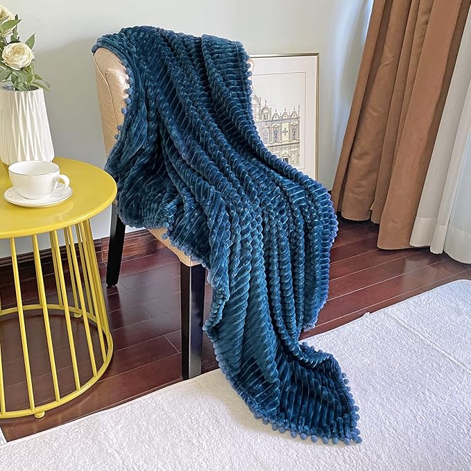 DISSA Fleece Blanket Queen Size – 71x80, Blue - Soft, Plush, Fluffy, Fuzzy, Warm, Cozy – Perfect Throw for Couch, Bed, Sofa - with Pompom Fringe - Flannel Blanket