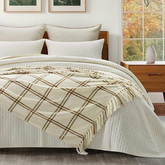 EverGrace Plaid Chenille Throw Blanket for Couch, Super Soft Cozy Decorative Windowpane Grid Plaid Throw with Tassels, Lightweight Chenille Knit Throw for Bed Sofa Gift, Cream & Beige 60"x80"