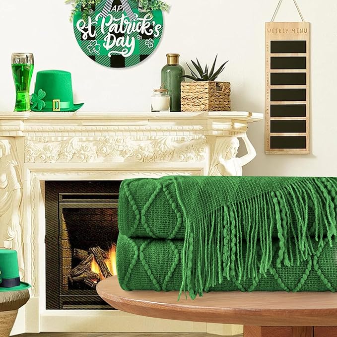 inhand Green Knitted Throw Blanket for Couch and Bed, St. Patrick’s Day Lucky Spring Gifts Throw for Her or Him, Soft Farmhouse Woven Blanket with Tassel, Lightweight Decorative, 50"x60"