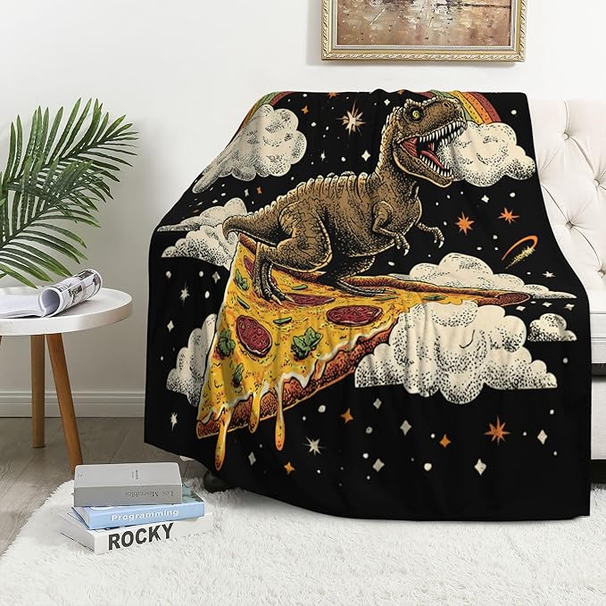 Dinosaur Throw Blanket Soft Warm Cozy Funny Spcae Food Pizza Rainbow Dinosaurs Blankets Fuzzy Plush Fleece Dinosaur Blanket Gifts for Couch Bed Sofa Home Decor 40''X50''