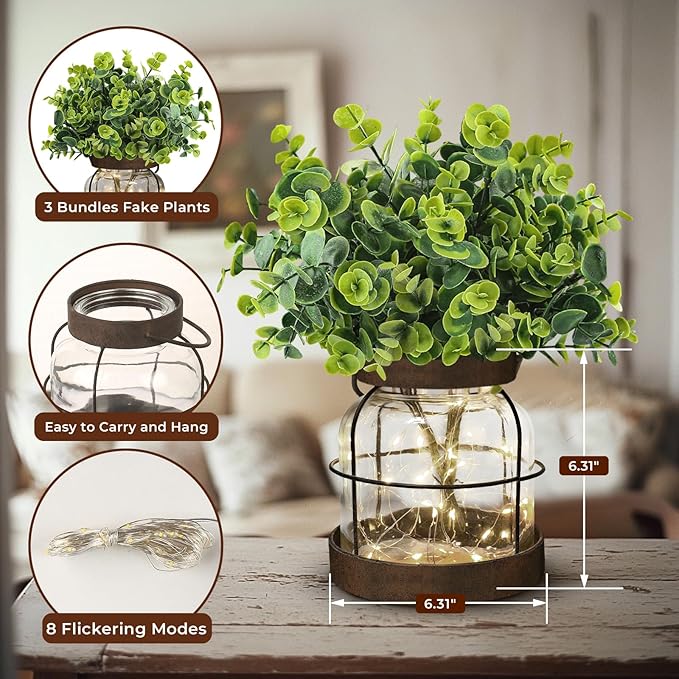 Farmhouse Rustic Glass Vases Primitive Country Lantern Coffee Dining Table Centerpiece Green Fake Artificial Eucalyptus Plants with Light Home Decor for Shelf Desk Counter Kitchen Bathroom