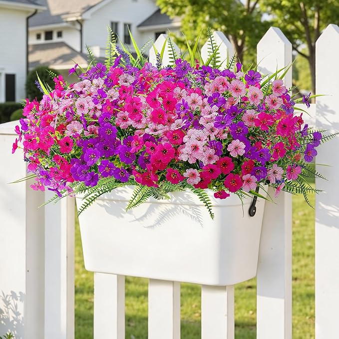 Alupssuc 24 Bundles Artificial Flowers for Outdoors Spring Decoration, UV Resistant Eucalyptus Violet and Lavender Silk Fake Plants for Outside Indoor Yard Home Patio Decor, Rose Purple Pink