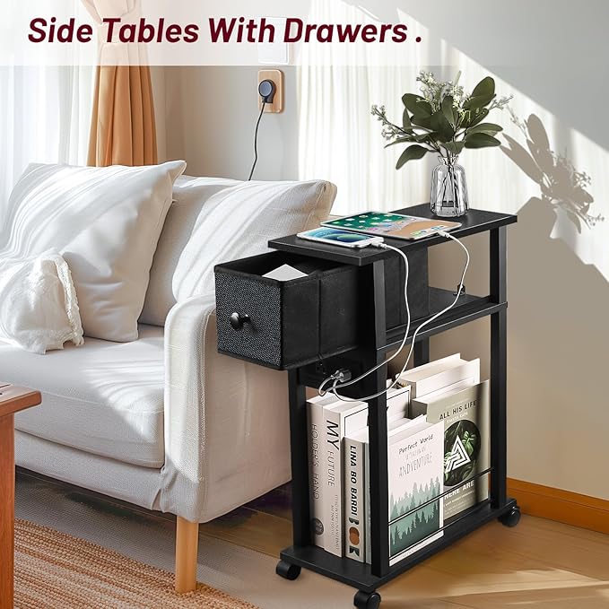 Narrow Side Table (1PC) - Black End Table with Overload Protection, Charging Station Drawer & 4 Wheels, Mobile Storage Nightstand for Bedroom Studio Apartment (1 AC + 2 USB Ports)