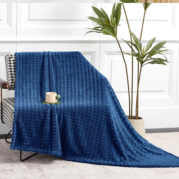 Soft Cozy Fuzzy Fleece Throw Blanket, Waffle Navy Blue, 50x60 Inches – Lightweight, Fluffy, and Warm 3D Jacquard All-Season Blanket for Couch, Bed, Sofa, Home Decor, Camping, and Travel