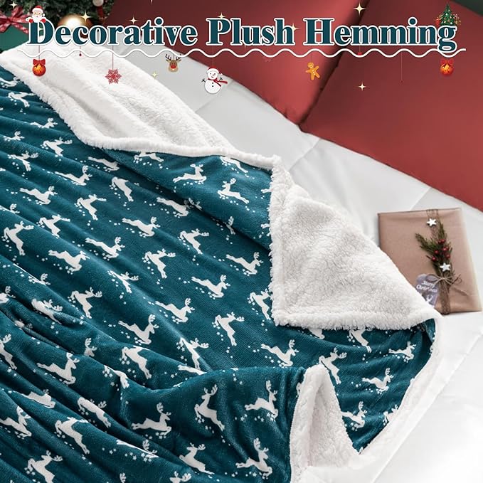LBRO2M Sherpa Fleece Bed Blanket Queen Size,Christmas Super Soft Fuzzy Plush Warm Cozy Fluffy Microfiber Couch Throw Velvet Double Reversible Luxurious Blankets Green White Deer