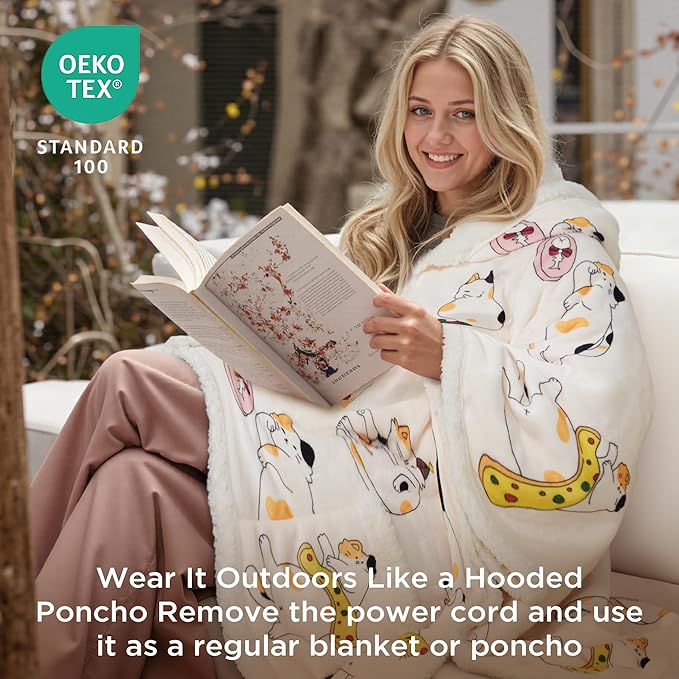 Heated Blanket Wearable Shawl - Electric Blanket Wrap Poncho Hoodie with 6 Heat Levels & 9 Hours Auto Off,Gifts for Women,Home Office Use,Machine Washable,50"x60"(Cat)