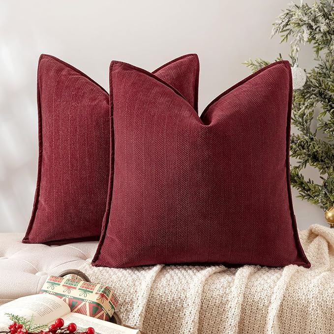 MIULEE Pack of 2 Burgundy Decorative Pillow Covers 18x18 Inch Soft Chenille Luxurious Couch Throw Pillows Farmhouse Cushion Covers with Elegant Design for Sofa Bedroom Living Room Decor
