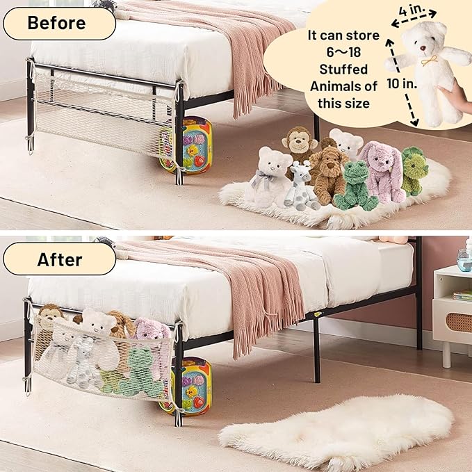 Stuffed Animal Storage Net for Kids, Bedside Toy Organizer Net - Neatly Store Your Stuffed Animals, Cotton Bedside Stuffed Animal Storage Net with Tether, Stretches up to 35 Inches, Beige