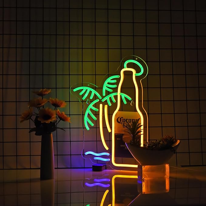 Beer Palm Tree Coro Bottle Neon Sign Dimmable LED Bar Neon Light for Wall Décor Neon Art signs with USB Plug for Pub Store Party Man Cave.