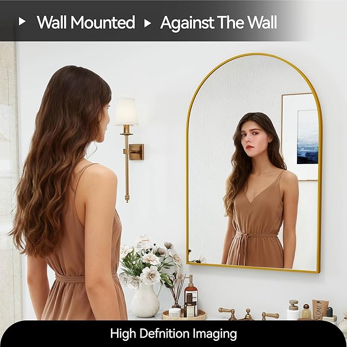 24x36 Arch Mirror Rectangle Full Length Wall Mounted Hanging or Against Wall Metal Aluminum Alloy Frame Dressing Make-up Mirrors for Entryway Bedroom Bathroom Living Room 24 36 inch Gold