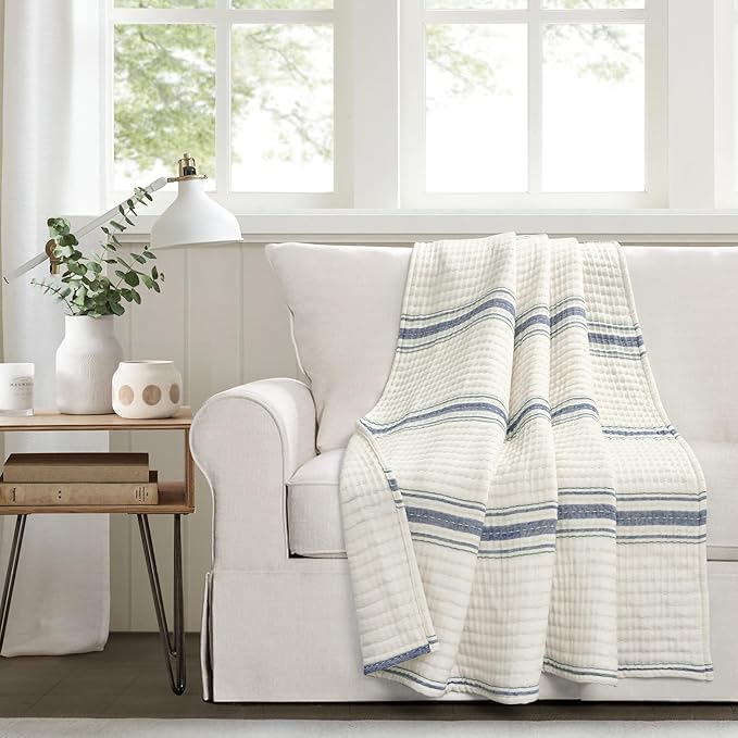Lush Decor Farmhouse Stripe Kantha Pick Stich Yarn Dyed Cotton Woven Throw Reversible Ticking Pinstripe Design Blanket, 50" x 60", Navy