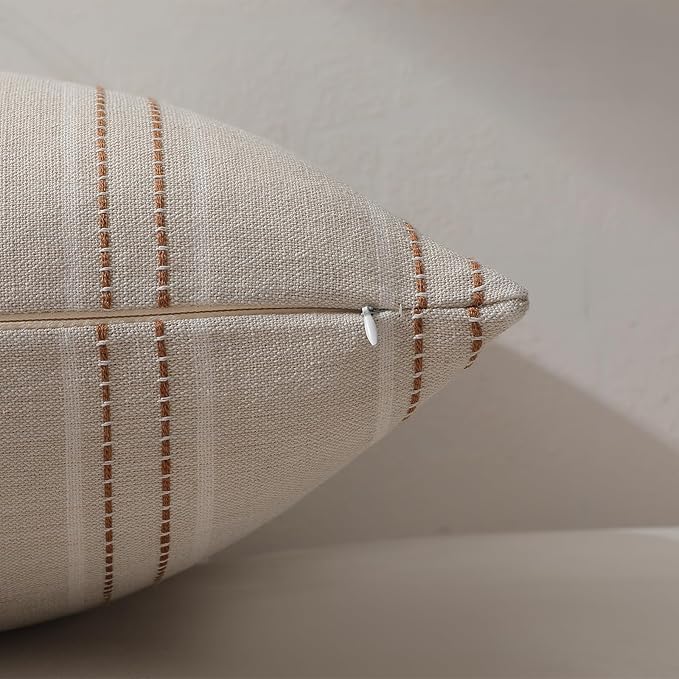 Hckot Fall Throw Pillow Covers 16x16 Set of 2 Striped Pillow Covers Textured Linen Decorative Pillows Square Cushion Covers for Sofa Couch Bed Living Room Farmhouse Decor(Caramel)