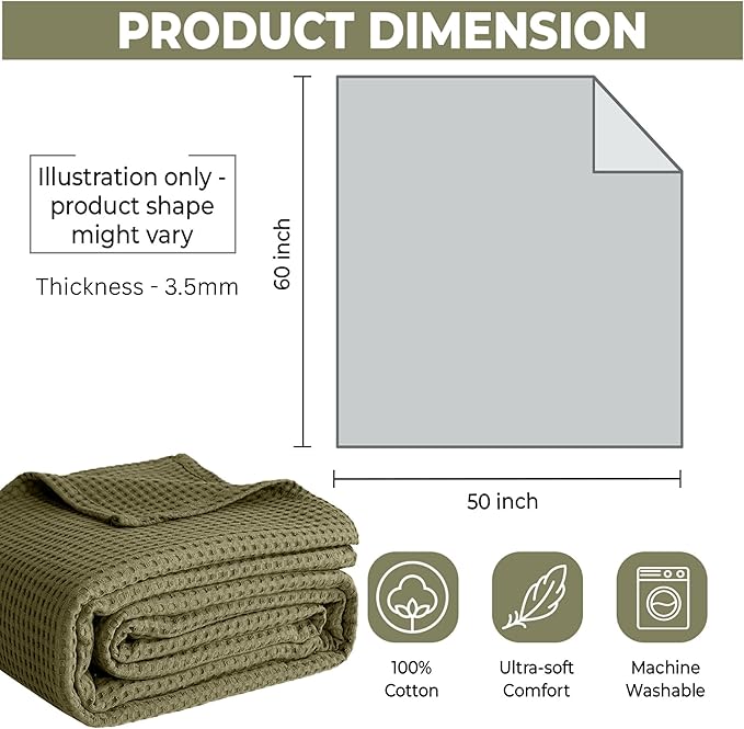 100% Cotton Blankets for Bed - Waffle Weave Blankets for Summer, Lightweight and Breathable Soft Woven Blanket for Spring (Olive Green, Throw (50" x 60"))