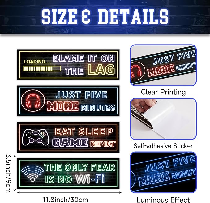 Eat Sleep Game Wall Decals Glow in The Dark, Gamer Controller Stickers Decor for Boy Bedroom, Joystick Video Gaming Kids Playroom Nursery Decoration (Blue)