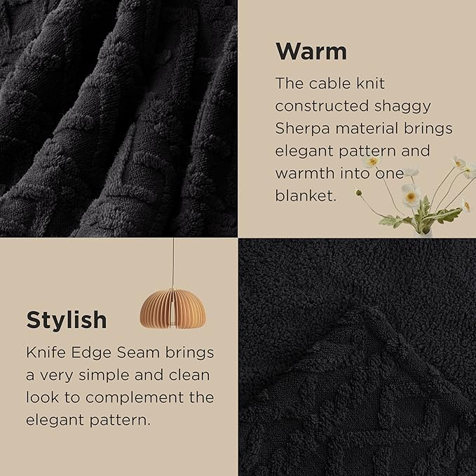 Bedsure Gentlesoft Sherpa Fleece Blanket Twin Size for Bed - Fluffy & Cozy Cable Jacquard Tufted for Women Gift, Thick and Warm Christmas Blanket for Winter, Black, 60x80 Inches