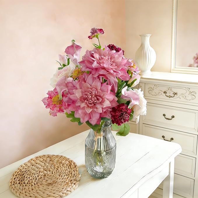 LUEUR Artificial Flowers in Vase Centerpiece – Pink Dahlia, Tulip & Rose Arrangement, Faux Floral Table Decorations for Coffee Table, Dining Room, Living Room & Farmhouse Home Decor