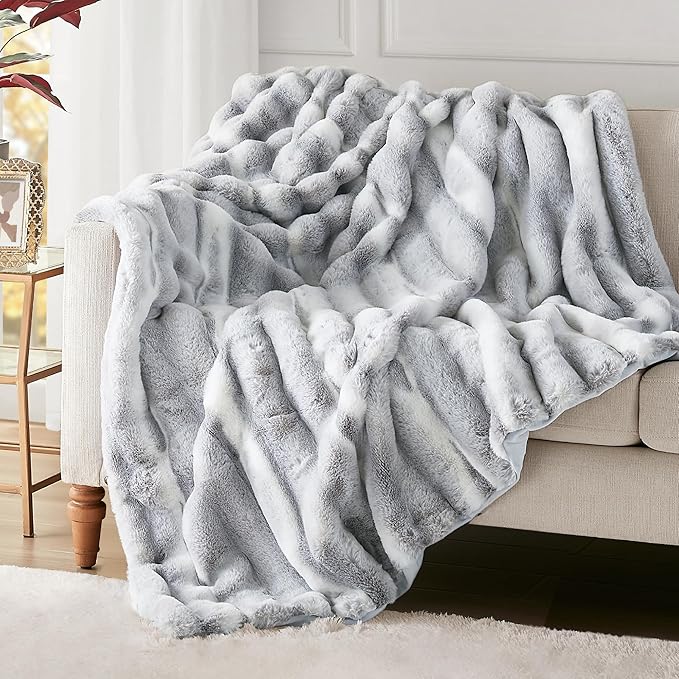 Hyde Lane Luxury Fluffy Faux Rabbit Fur Throw Blanket - Ultra Soft Cozy Blankets for Sofa, Couch, Bedroom | Warm Thick Fuzzy Throws As a Gift, Snow Lynx, 50"x60"