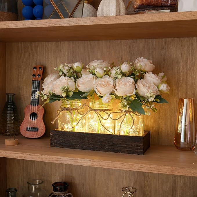 LUEUR Mason Jar Lights Centerpiece with Farmhouse Wood Tray – 3 Jars with Champagne Peony Spring Flowers, Rustic Spring & Wedding Decoration for Dining Table, Coffee Table, Kitchen & Living Room