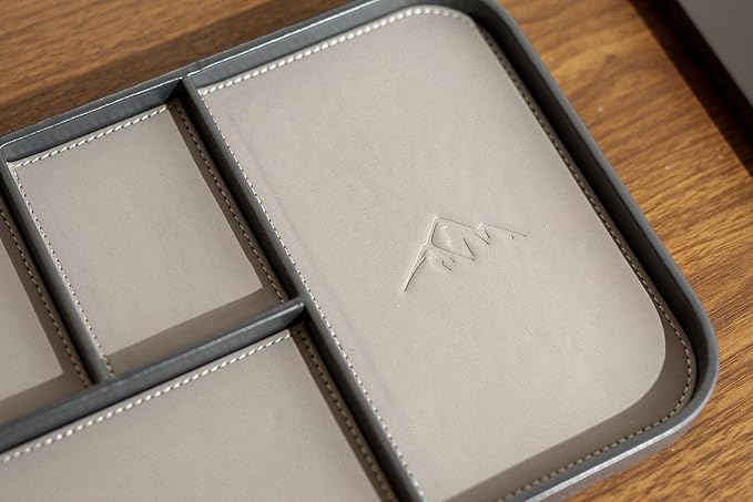 MUUJEE Leather Catchall Multitray (Design 2) - 11.65 x 7.75 x 0.8, Mountain Design Embossed Minimalist Wallet Tray for Men, Thoughtful Husband Gift, Desk EDC Organizer for Watch Keys Glasses, Gray
