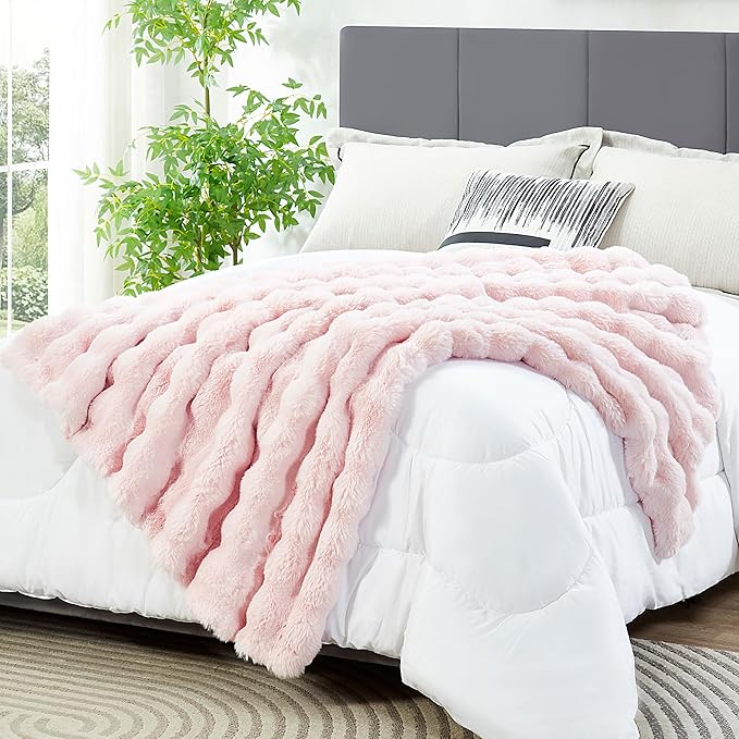 JONIYEAR Decorative Soft Fluffy Bubble Faux Rabbit Faux Fur Throw Blanket 50" x 60",Reversible Cozy Accent Thick Warm Furry Blankets for Winter,Lovely Cute Washable Plush Fuzzy Blanket for Women, Pink