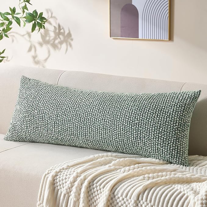 Allorry Decorative Lumbar Pillow Cover 14x36 Green Striped Wool Long Body Pillow Neutral Textured Boho Lumbar Throw Pillow Cushion Covers for Modern Farmhouse Sofa Bed Living Room Decor SY011-D14