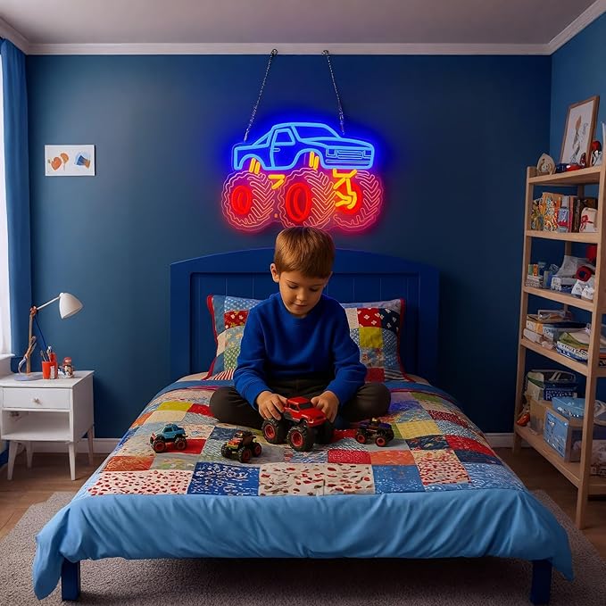 Monster Truck Neon Sign for Boys Room, Playroom Wall Decor, Trendy Teen Room Decorations, Party and Birthday Gift Idea, Night Light with USB Powered Dimmable Switch, 15 x 10.5 in