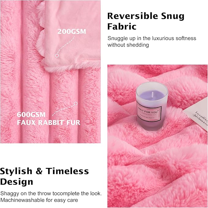 Faux Fur Throw Blanket for Couch, 850GSM Cozy Soft Plush Thick Striped Luxury Blanket for Sofa Living Room Bedroom,50 * 60 Inches, Pink