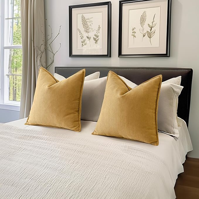 MIULEE Pack of 2 Gold Decorative Pillow Covers 18x18 Inch Soft Chenille Luxurious Couch Throw Pillows Farmhouse Cushion Covers with Elegant Design for Sofa Bedroom Living Room Spring Home Decor