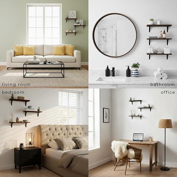 Willowy Reinforced Steel Bracket Dark Brown Wall Shelves - Easy to Install, Template and Video Included - Dark Wood Shelves for Wall, Wooden Shelf for Wall, Laundry Room Decor