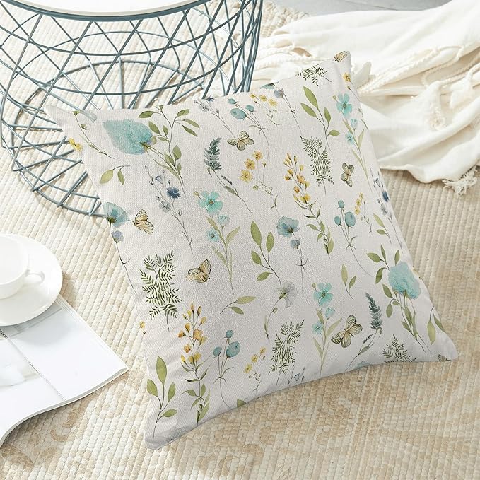 Spring Pillow Covers 18x18 Inch Set of 2, Aqua Teal Sage Green Wild Flower Throw Pillows Case,Colorful Seasonal Floral Plant Outdoor Decorative Farmhouse Decor Cushion Covers for Sofa Bed Couch