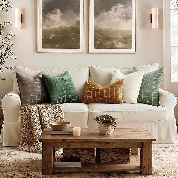 MIULEE Decorative Chenille Check Euro Shams Throw Pillow Covers Vintage Plaid Couch Pillows 24x24 Inch Set of 2 Neutral Boho Cushions Modern Spring Home Decor for Sofa Bed Living Room Moss Green