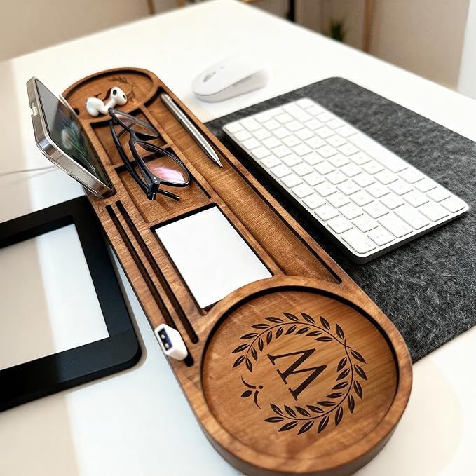 Ships Next Day, Personalized Wood Desk Organizer, Custom Phone & Tablet Stand, Engraved Wood Office Accessory, Custom Docking Station, Custom Organizer Gift