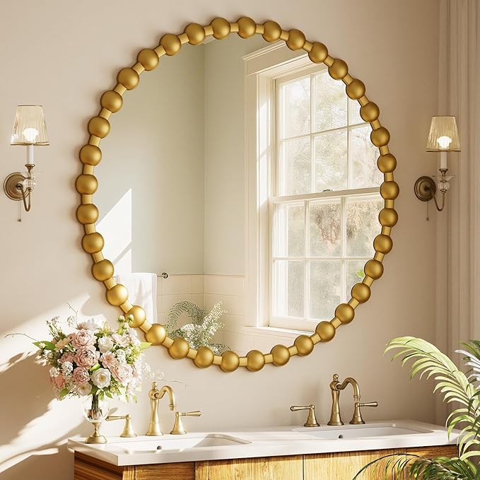 Round Mirror for Wall, 36 Inch Gold Beaded Frame Decorative Vanity Mirror, Circle Bathroom Mirror with High-Definition Lense, Modern Wall Decor for Bathroom, Living Room, Bedroom, Entryway