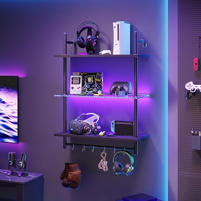 Bestier Gaming Floating Shelves, 24 inch LED Wall Mounted Shelves with Towel Bar, Coffee Bar Shelves with Glass Shelf & 8 Hooks, 3 Tier Hanging Display Rack for Wall Decor, Black Carbon Fiber