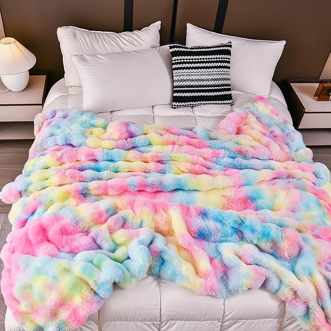 H&D Faux Fur Throw Blanket for Couch,Fluffy Cozy Soft Plush Luxury Thick Fuzzy Fleece Blanket for Couch Bed Sofa Bedroom Living Room,Comfy Bubble Blanket