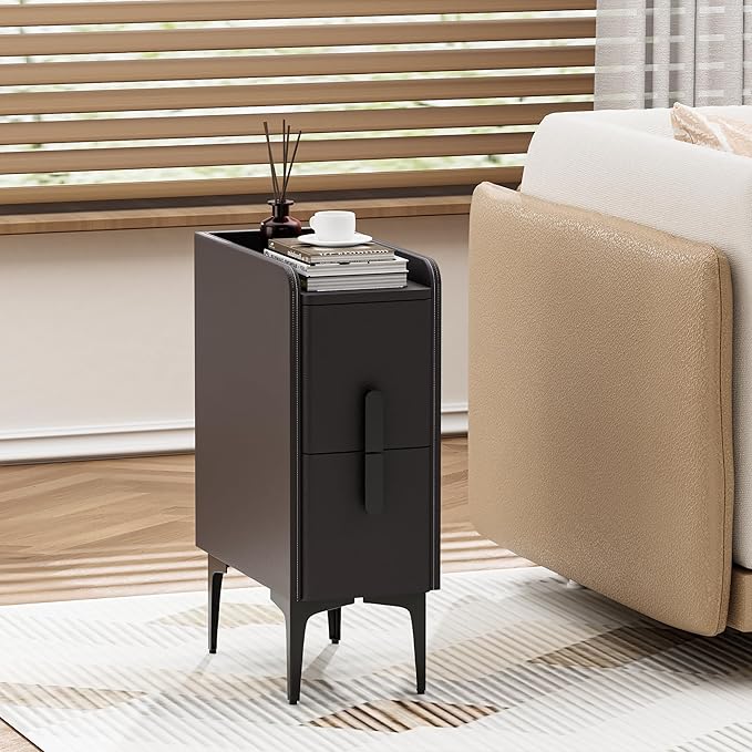 VICITON Narrow Nightstand with 2 Drawers, Narrow Side Table Leather Surface, Slim Bedside Table for Bedrooms, Dormitories, Living Rooms (Dark Gray, 15.7" D x 7.8" W x 22.4" H)