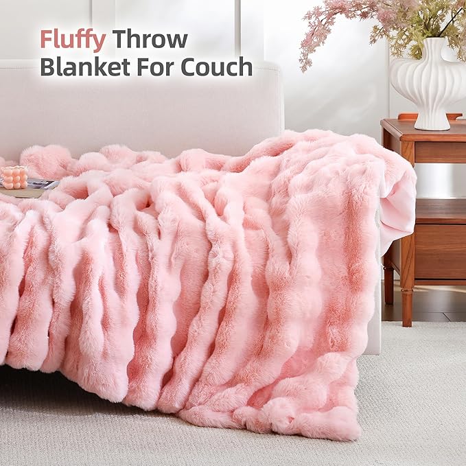 Smoofy Faux Fur Throw Blanket for Couch – Blush Pink Fluffy Cozy Rabbit Fleece, Plush Soft Bubble Blanket for Sofa & Bed, for Mom, Warm Fuzzy Home Room Decor Throw 60" x 80"