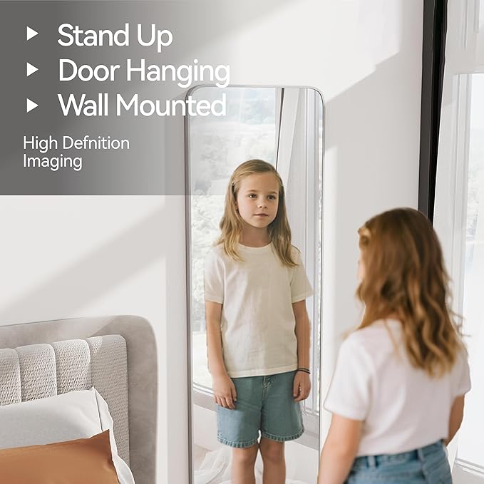 57x20 Door Hanging Full Length Mirror, Floor (Height 5.7ft just Body in 1.3ft) or Wall Mounted Metal Frame Rectangle Dressing Mirrors for Bedroom Bathroom Living Room 57 inch Silver