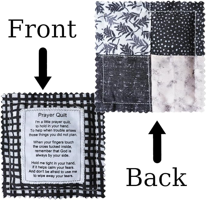 Mini Prayer Quilt with Cross Inside Vintage Pocket Scripture Prayer Quilt Squares Sympathy Christian Gifts for Women Pastor Appreciation Father's Day Graduates Gifts (Black)