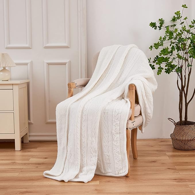 Longhui bedding Acrylic White Cable Knit Sherpa Throw Blanket – Thick, Soft, Big, Cozy Ivory White Knitted Fleece Blankets for Couch, Sofa, Bed – Large 60 x 80 Inches Ivory White Coverlet, 5.2 Pounds