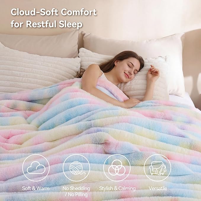 Smoofy Fluffy Faux Fur Throw Blanket - Super Soft Thick Plush Cozy Fuzzy Rabbit Fur, Luxury Warm Fleece Minky Stripe Blanket for Couch, Sofa, Room Decor Gift for Women, Colorful Rainbow Throw, 50x60