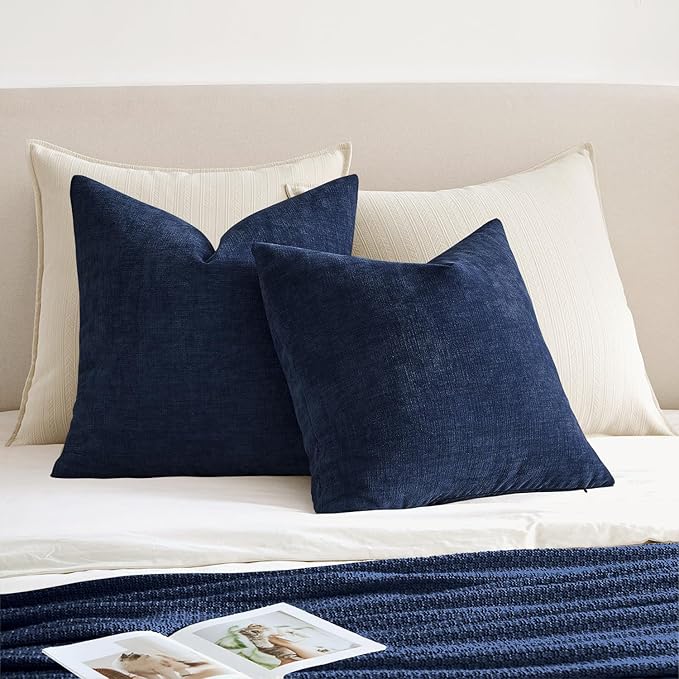 MIULEE Navy Couch Pillow Covers 20x20 Inch, Set of 2 Soft Chenille Decorative Square Throw Pillow Covers Farmhouse for Sofa Living Room Bed