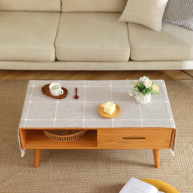 SIELUNO Coffee Table Cover, Rustic Farmhouse Rectangle Coffee Table Cloth Cotton Linen Waterproof with Pockets and Tassel for Living Room Decoration - Large Plaids - 20x60 Inch