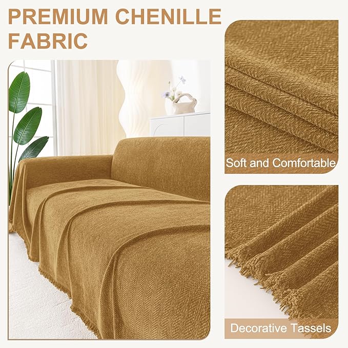 Smiry Couch Cover for Dogs, Washable Chenille Sofa Covers for 3 Cushion Couch, Soft Sofa Slipcover for Pets, Thick Sectional Furniture Protector with Tassels (Yellow, 71x118 Inch)